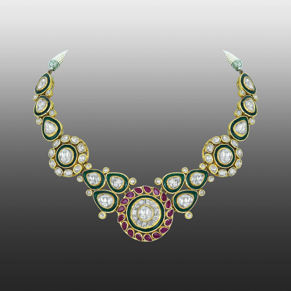 Polki Necklace with Red Rubies and Green Enamel